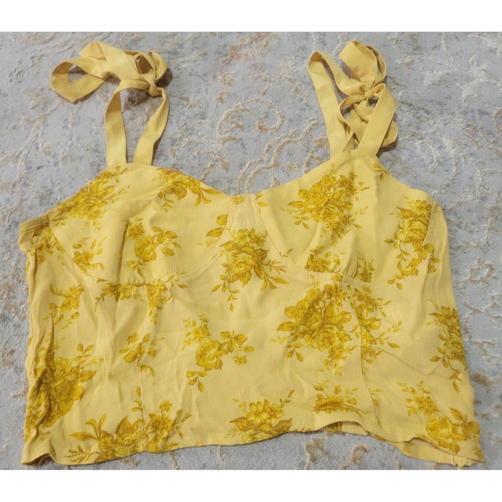 Forever 21 Yellow Floral Bustier Crop Top Tie Shoulder Smocked Back Medium
